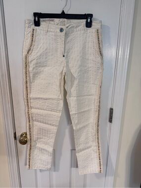 White Sand Italy Textured Beaded Cropped Pants 42/6 Ivory Capri Ankle Pants NWT